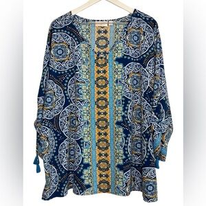 Belle by Kim Gravel Medallion Ruched-Sleeve Blouse Boho Artsy Popover Blue 2X